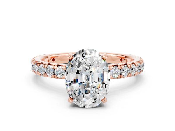 Rose gold Oval Cut Moissanite Pavé Solitaire Ring with Round Band and Prong Setting