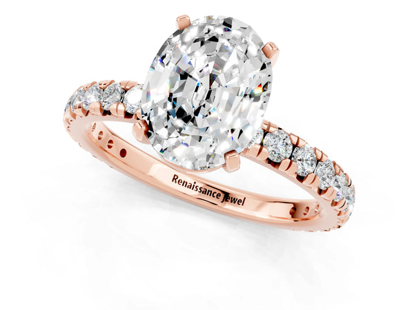 Rose gold Oval Cut Moissanite Pavé Solitaire Ring with Round Band and Prong Setting