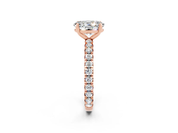 Rose gold Oval Cut Moissanite Pavé Solitaire Ring with Round Band and Prong Setting