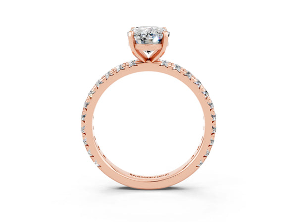 Rose gold Oval Cut Moissanite Pavé Solitaire Ring with Round Band and Prong Setting