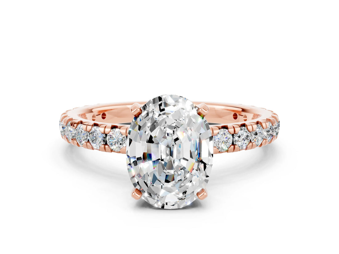 Rose gold Oval Cut Moissanite Pavé Solitaire Ring with Round Band and Prong Setting_24
