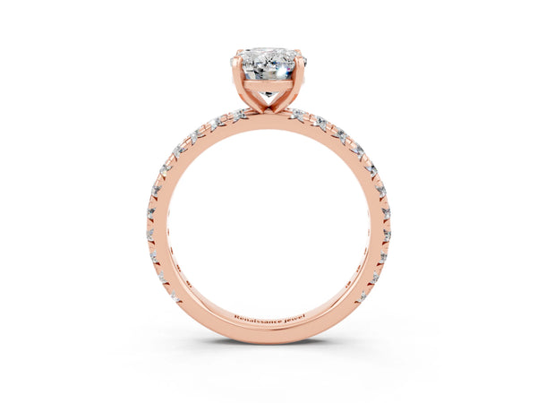 Rose gold Oval Cut Moissanite Pavé Solitaire Ring with Round Band and Prong Setting