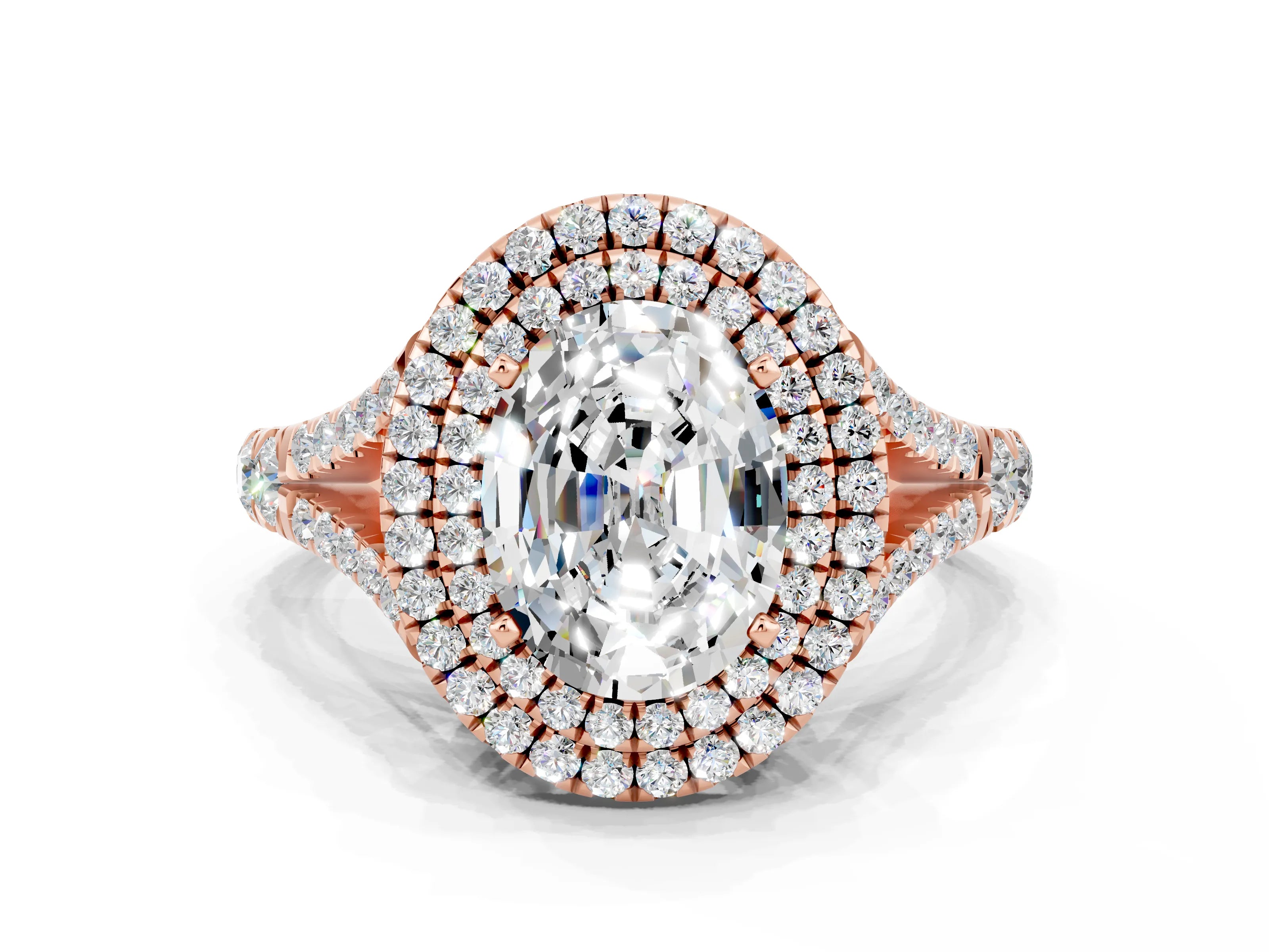 Rose gold Oval Cut Moissanite Pavé Split Shank Double Halo Engagement Ring