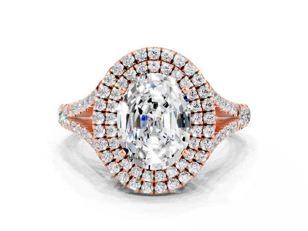 Rose gold Oval Cut Moissanite Pavé Split Shank Double Halo Engagement Ring