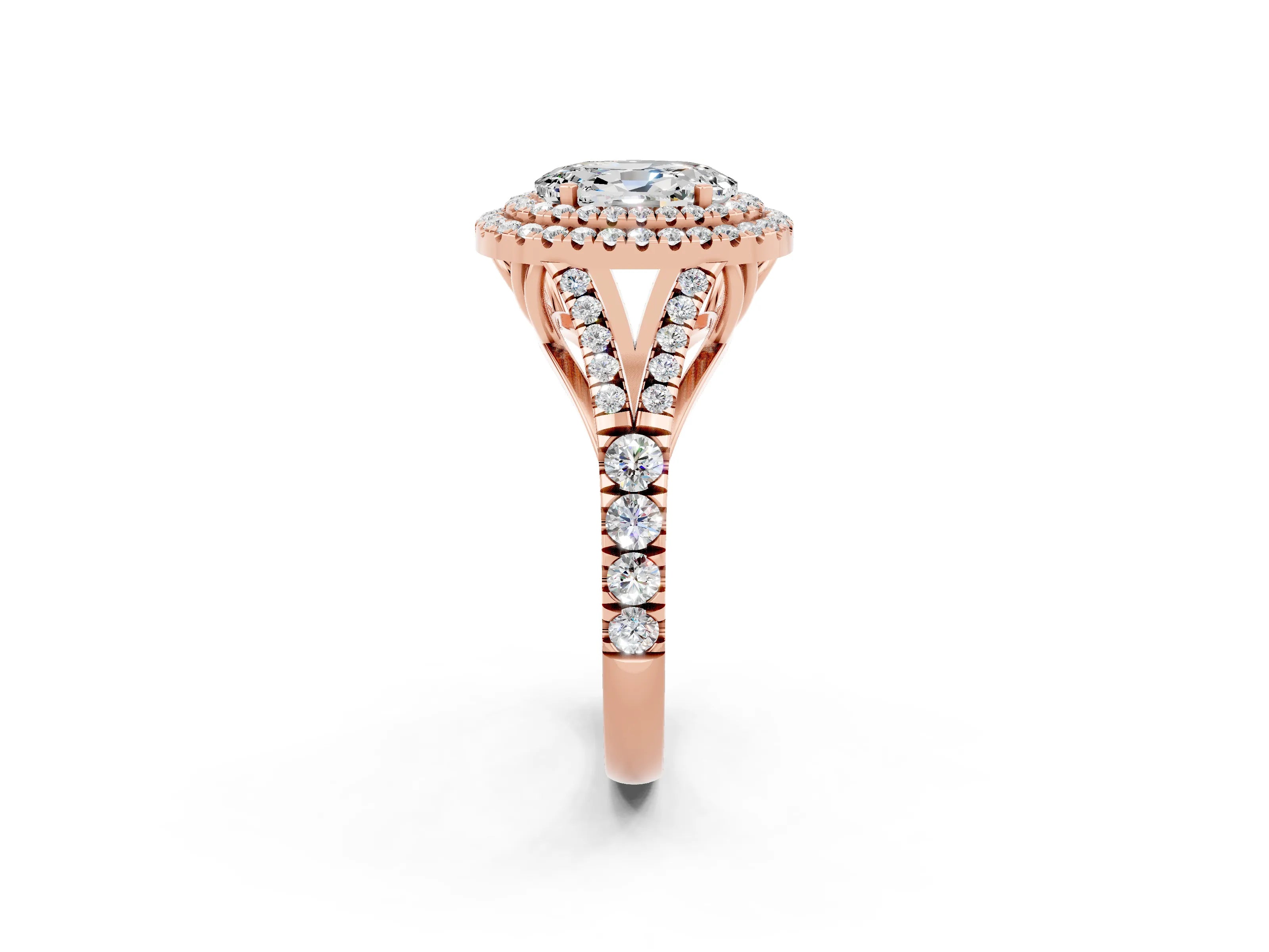 Rose gold Oval Cut Moissanite Pavé Split Shank Double Halo Engagement Ring_2