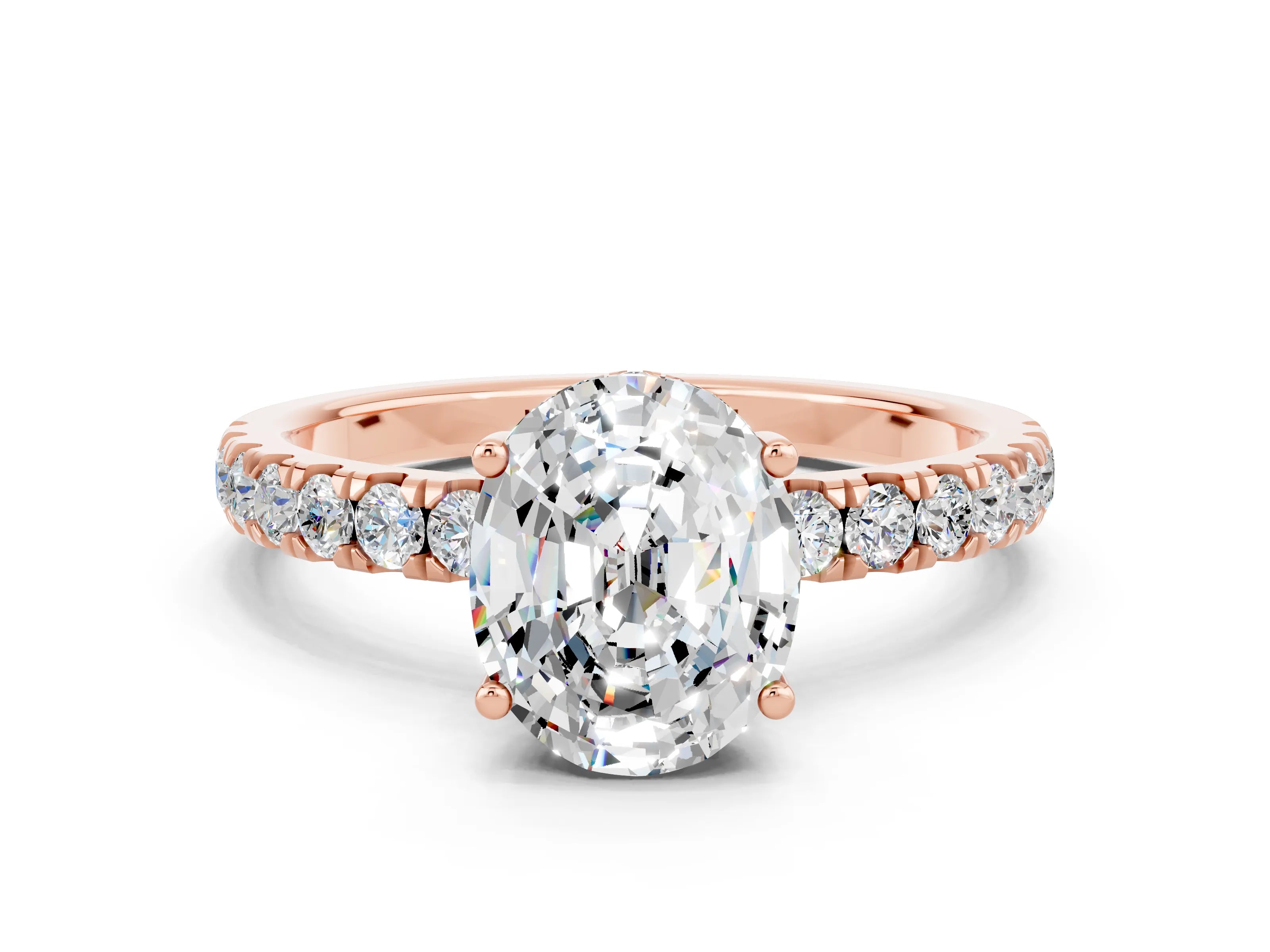 Rose gold Oval Cut Moissanite Pave Band Solitaire Ring with Four-Prong Setting_24
