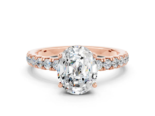 Rose gold Oval Cut Moissanite Pave Band Solitaire Ring with Round  and Prong Setting