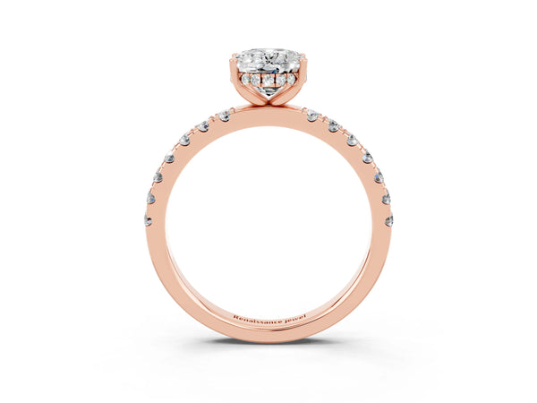 Rose gold Oval Cut Moissanite Pave Band Solitaire Ring with Round  and Prong Setting