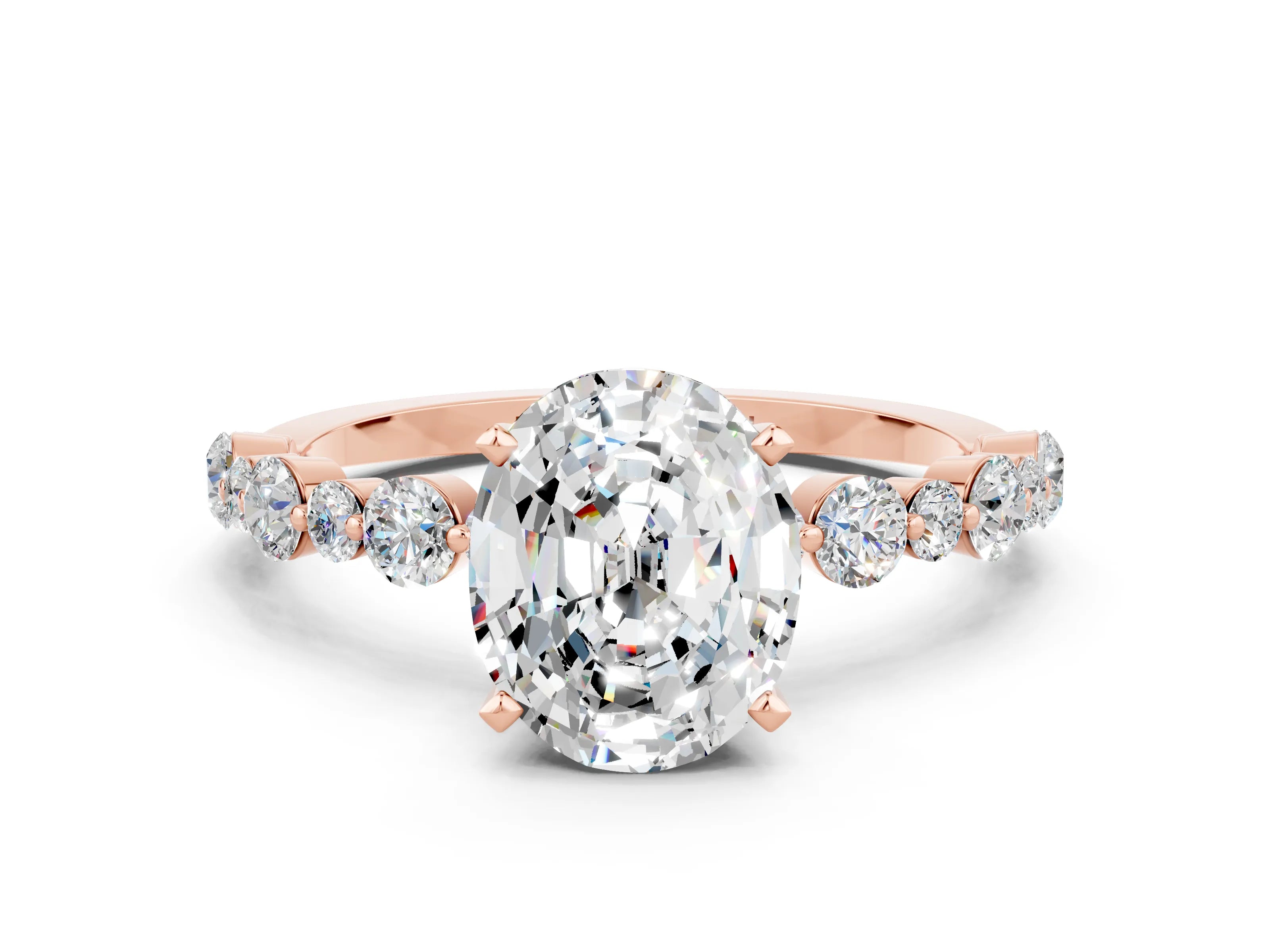 Rose gold Oval Cut Moissanite Prong Set Engagement Ring with Pavé Band