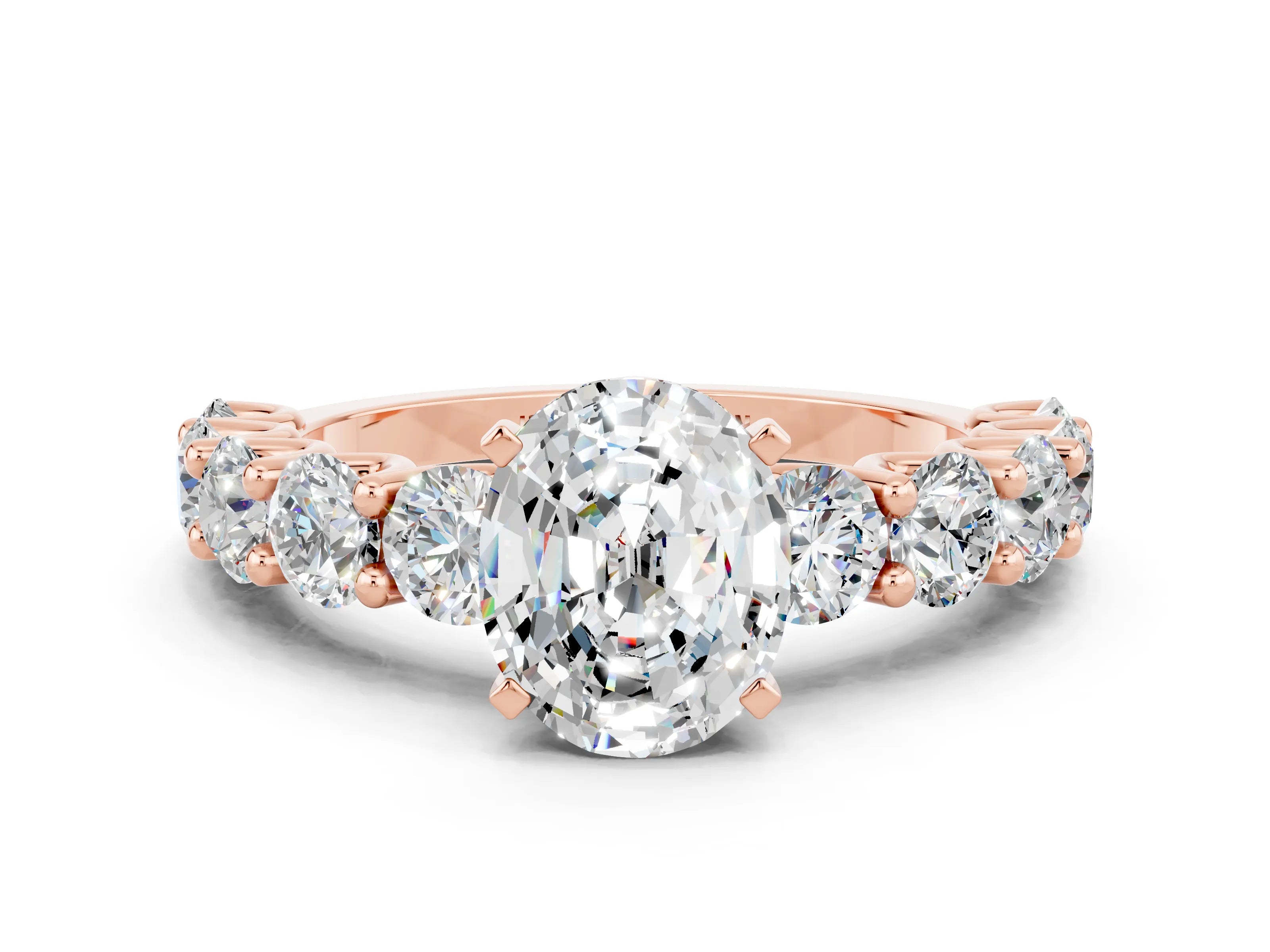 Rose gold Oval Cut Moissanite Prong Setting with Side Stones on a Pave Band