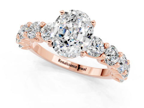 Rose gold Oval Cut Moissanite Prong Setting with Side Stones on a Pave Band_1