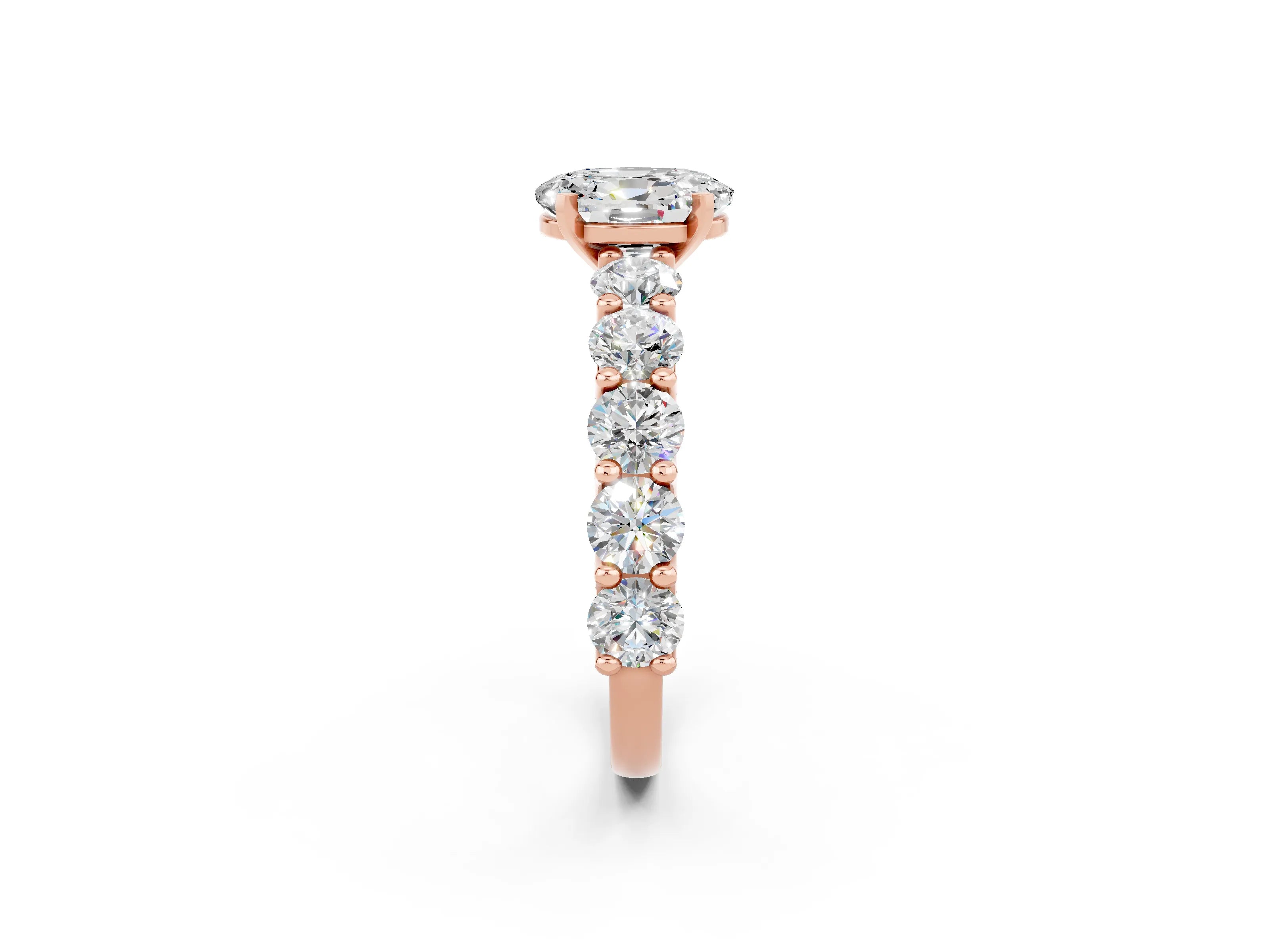 Rose gold Oval Cut Moissanite Prong Setting with Side Stones on a Pave Band_2