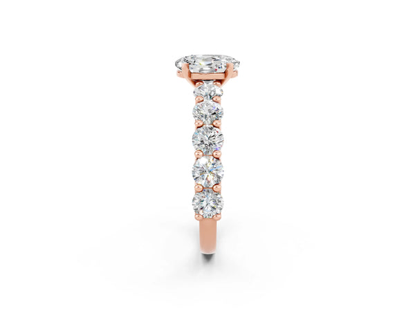 Rose gold Oval Cut Moissanite Prong Setting with Side Stones on a Pave Band