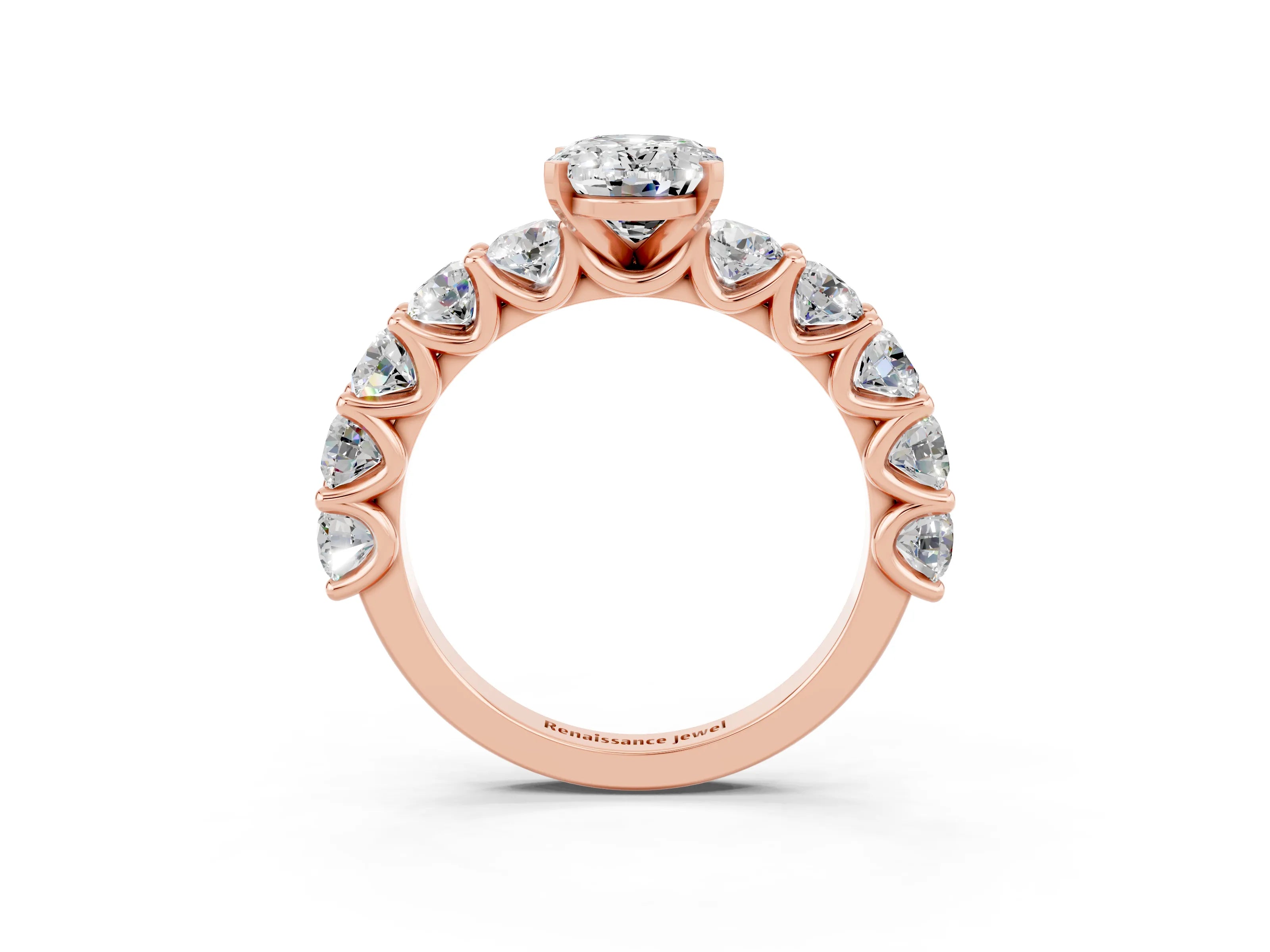 Rose gold Oval Cut Moissanite Prong Setting with Side Stones on a Pave Band_3