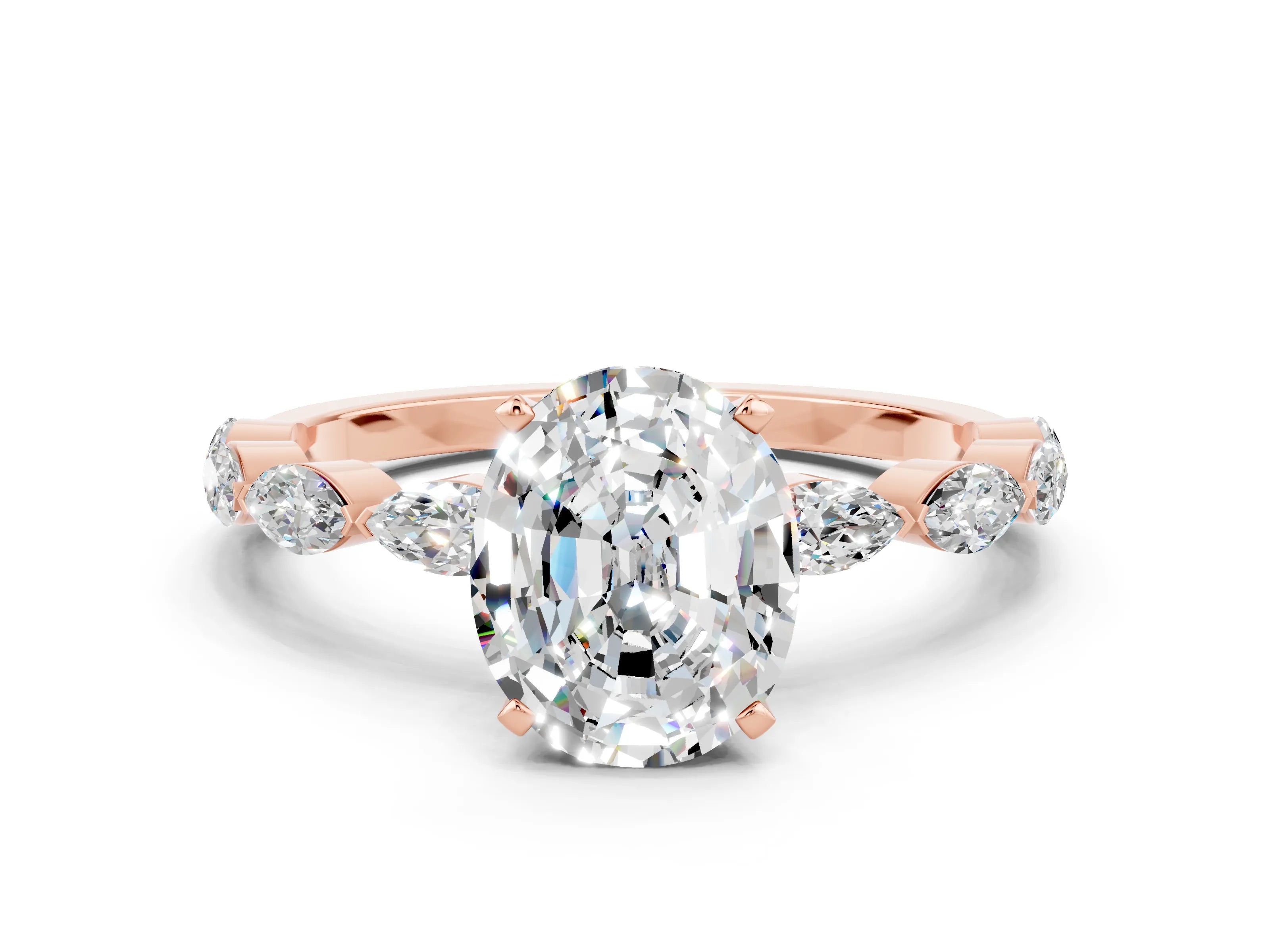 Rose gold Oval Cut Moissanite Ring with Marquise Side Stones and Prong Setting
