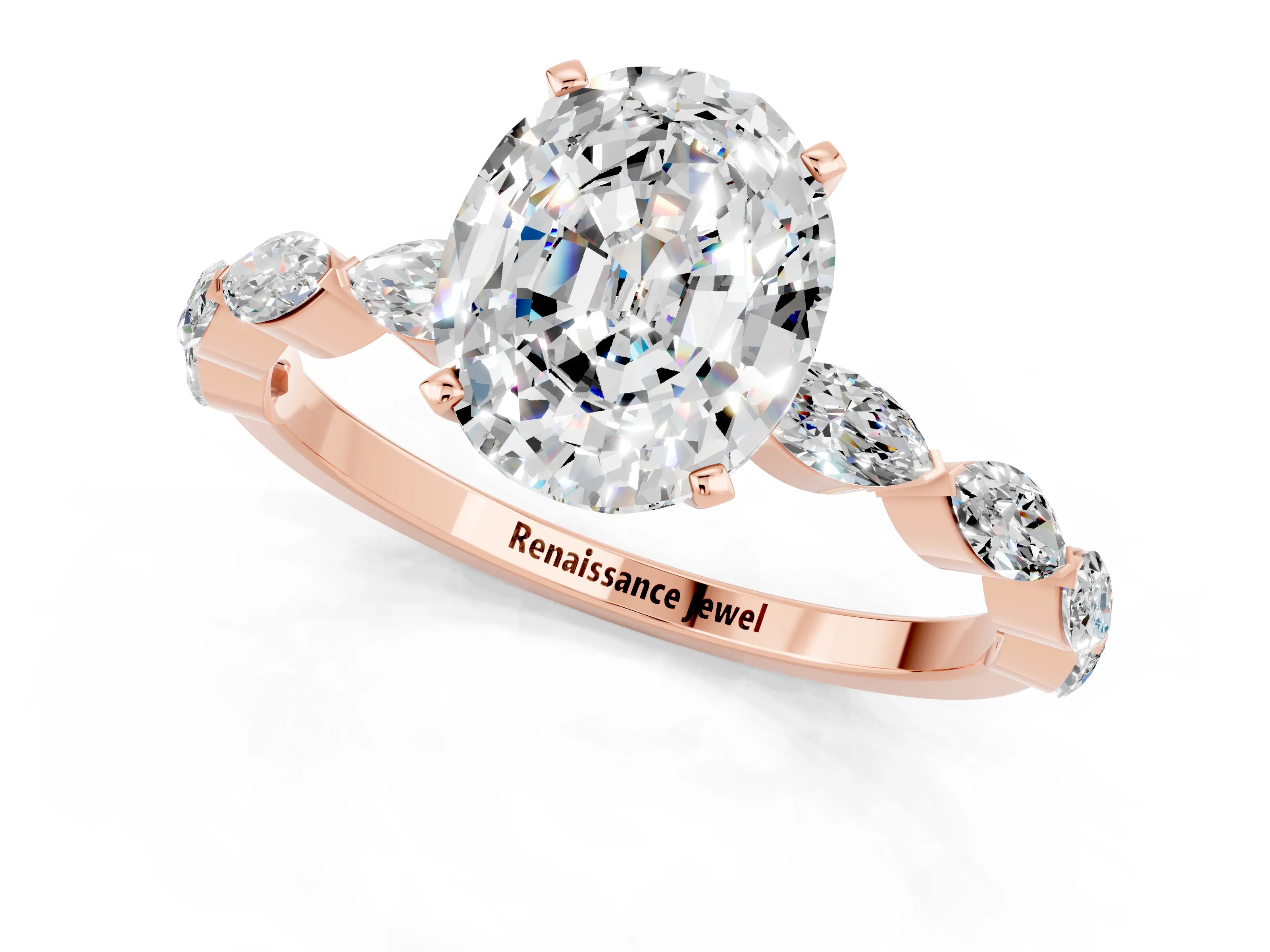Rose gold Oval Cut Moissanite Ring with Marquise Side Stones and Prong Setting_1