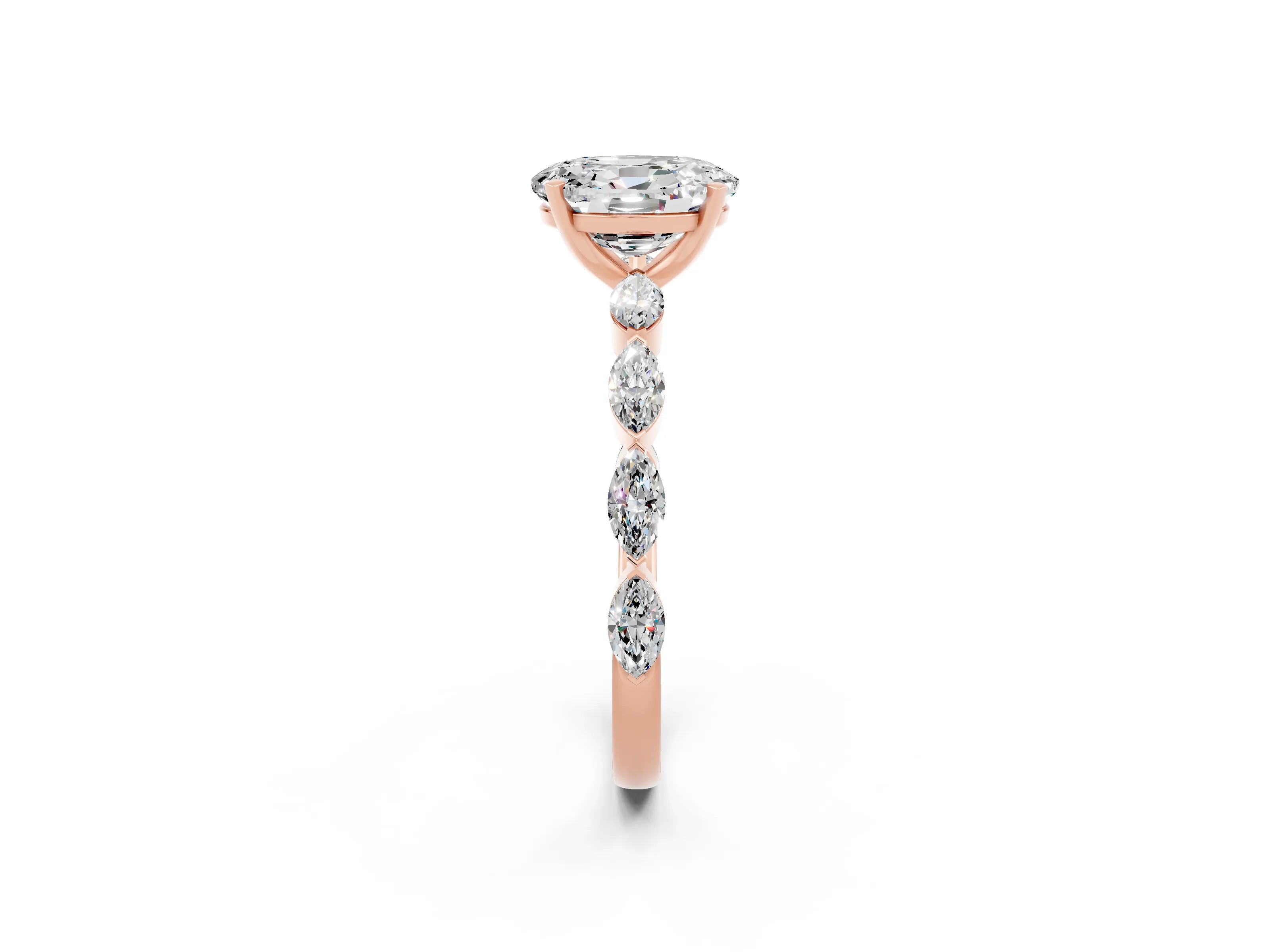 Rose gold Oval Cut Moissanite Ring with Marquise Side Stones and Prong Setting_2