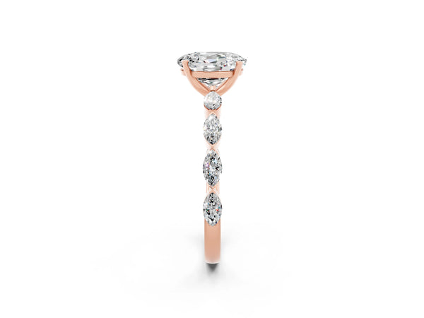 Rose gold Oval Cut Moissanite Ring with Marquise Side Stones and Prong Setting