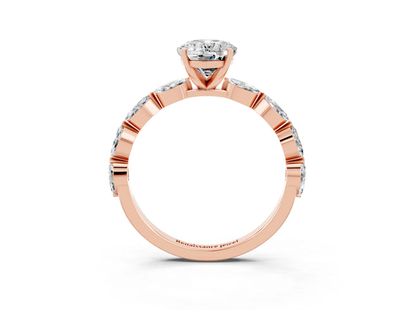 Rose gold Oval Cut Moissanite Ring with Marquise Side Stones and Prong Setting