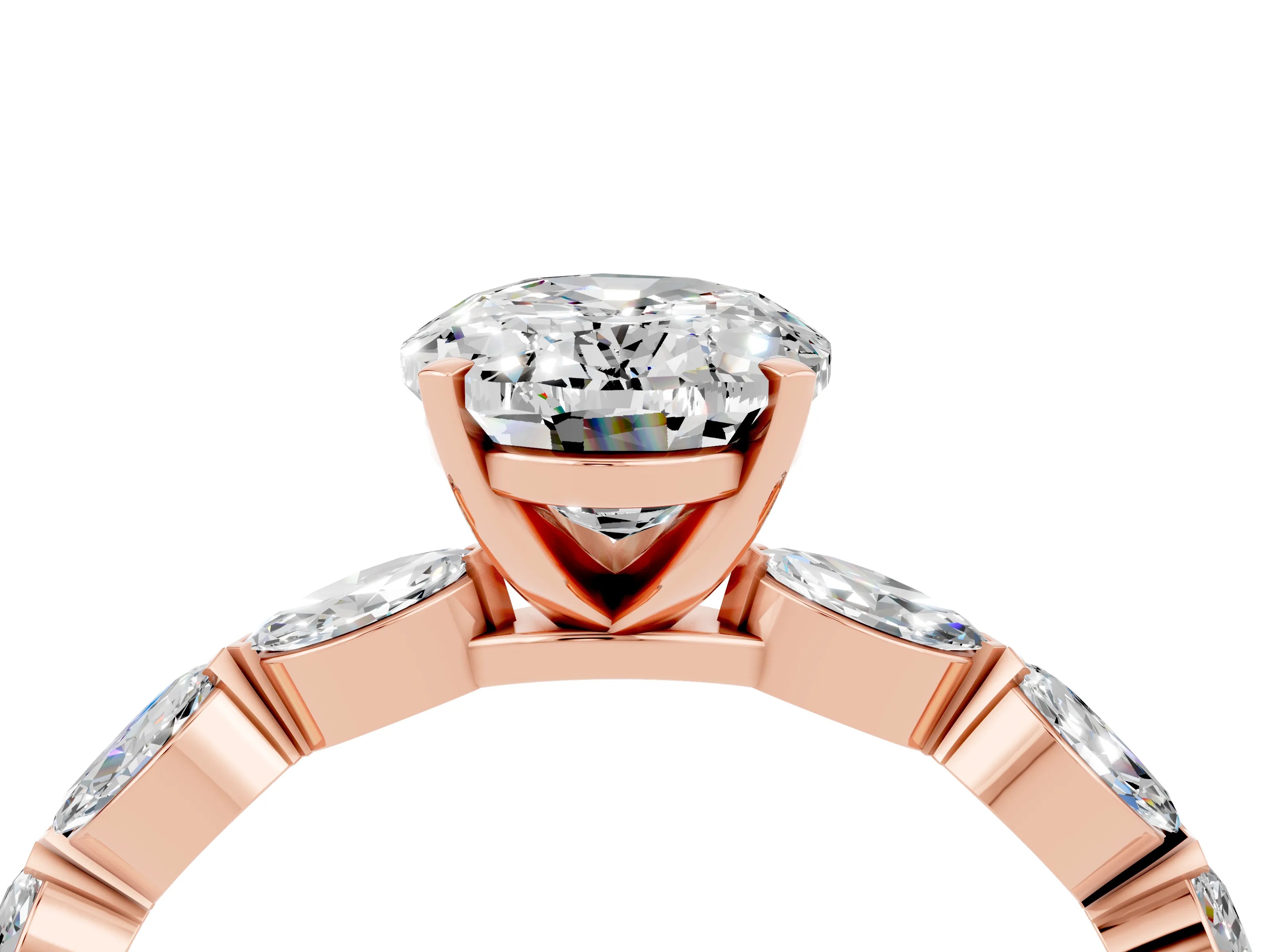 Rose gold Oval Cut Moissanite Ring with Marquise Side Stones and Prong Setting_4