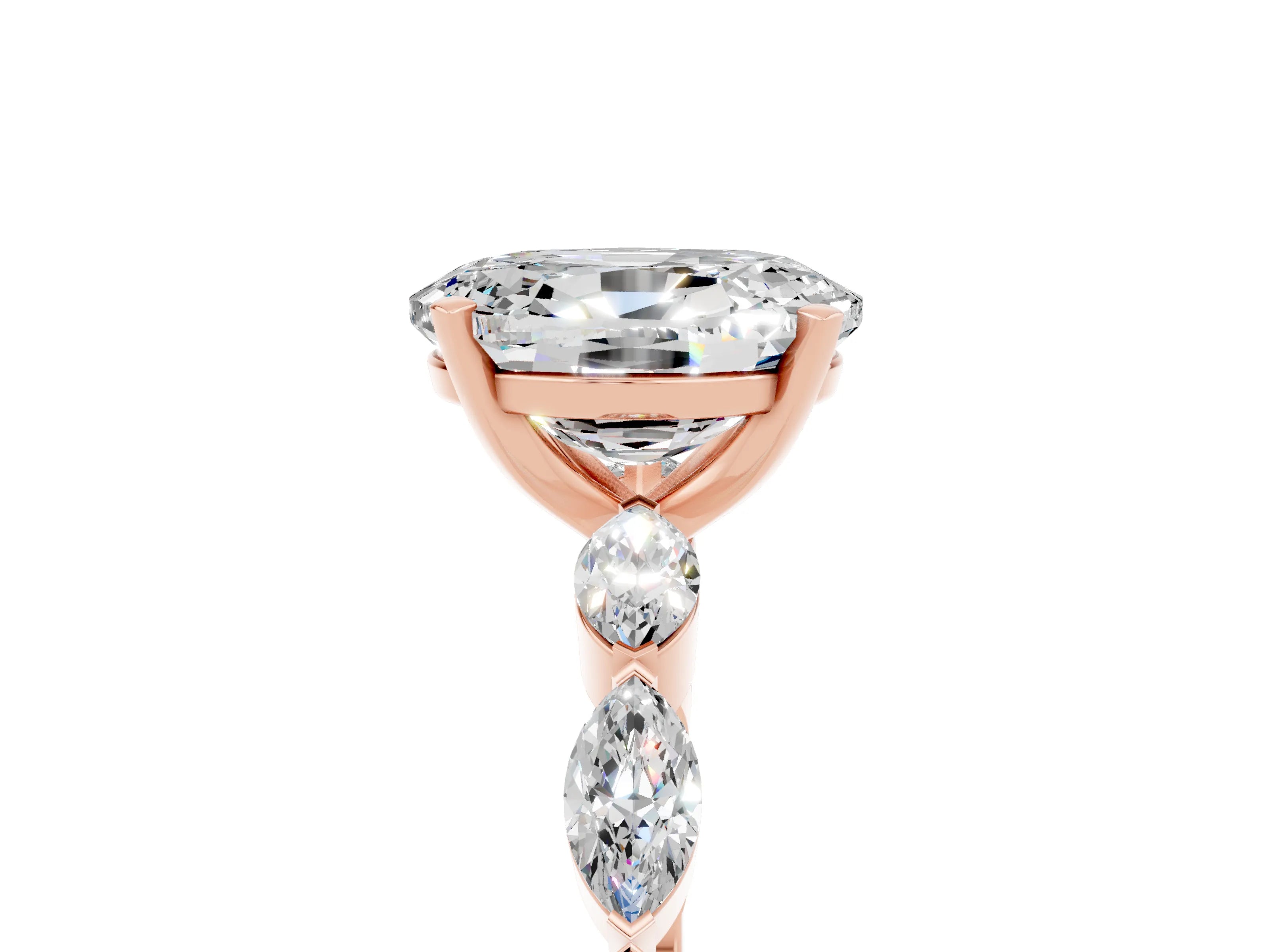 Rose gold Oval Cut Moissanite Ring with Marquise Side Stones and Prong Setting_5