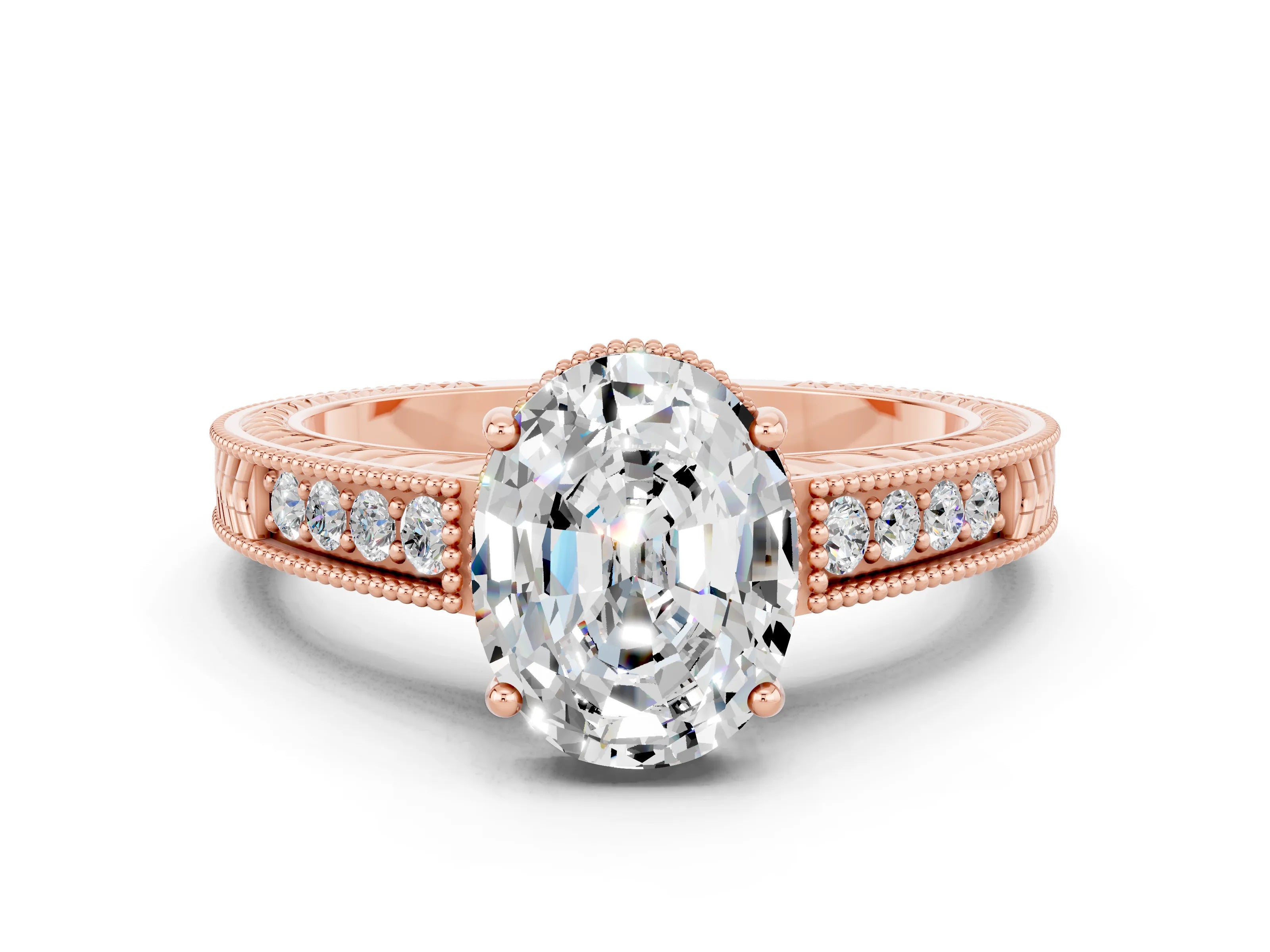 Rose gold Oval Cut Moissanite Ring with Milgrain Pavé Band and Four-Prong Setting_12