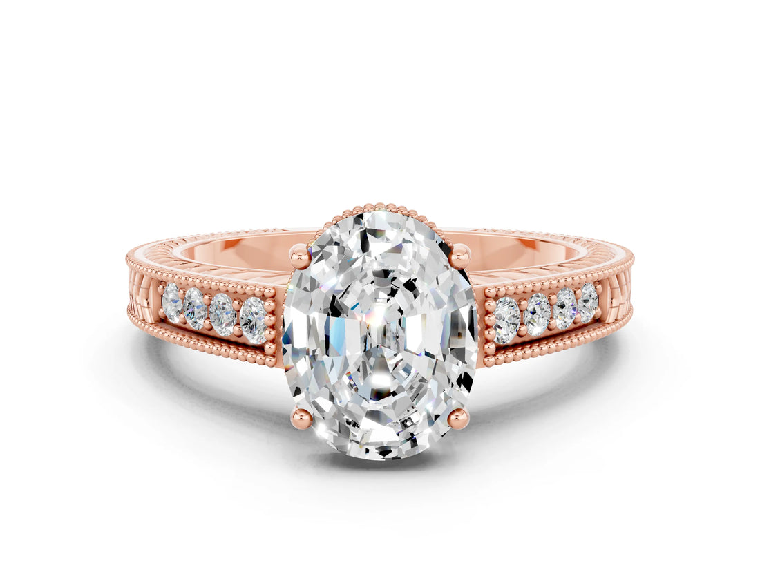 Rose gold Oval Cut Moissanite Ring with Milgrain Pavé Band and Four-Prong Setting_12
