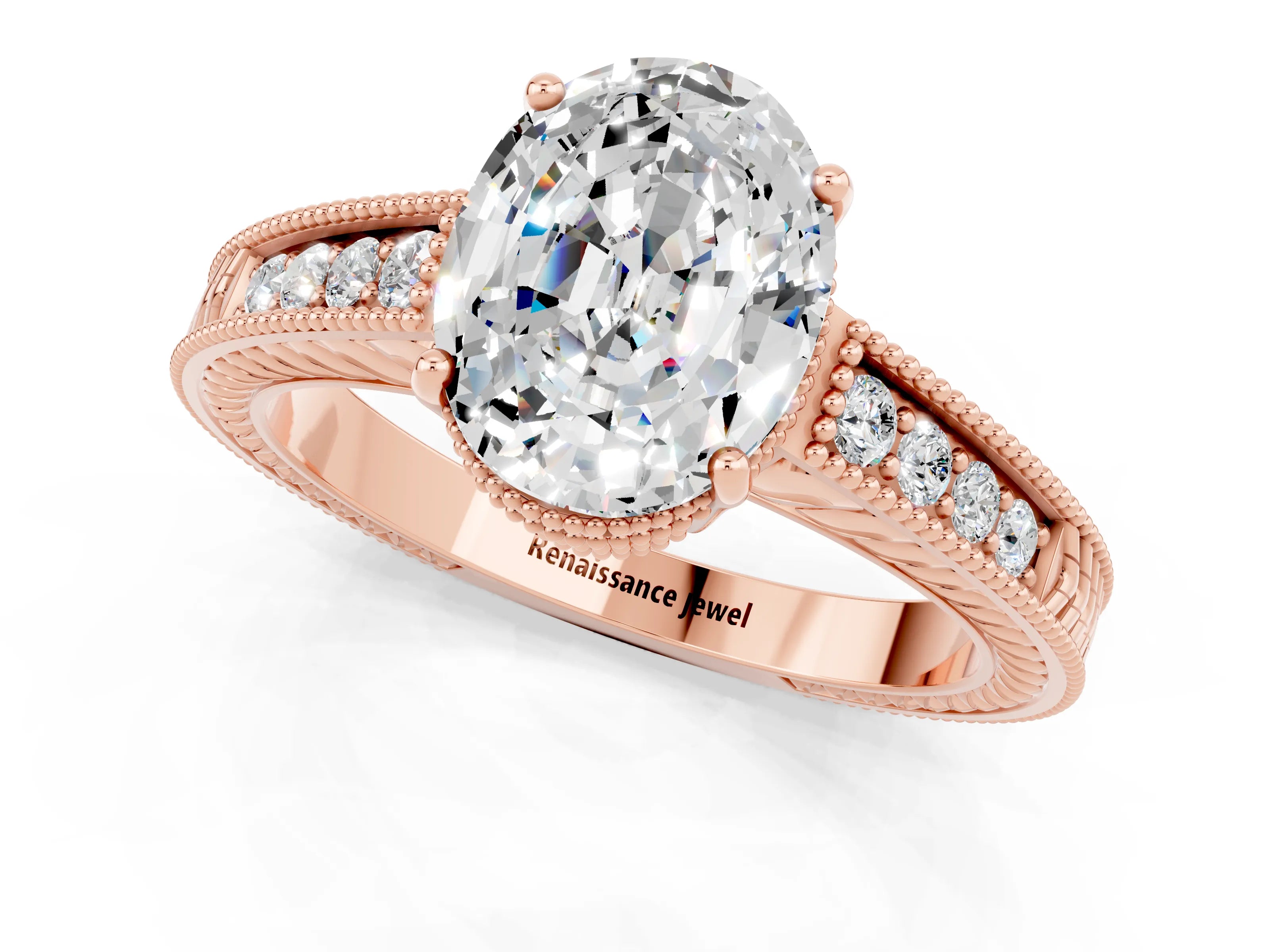 Rose gold Oval Cut Moissanite Ring with Milgrain Pavé Band and Four-Prong Setting_13
