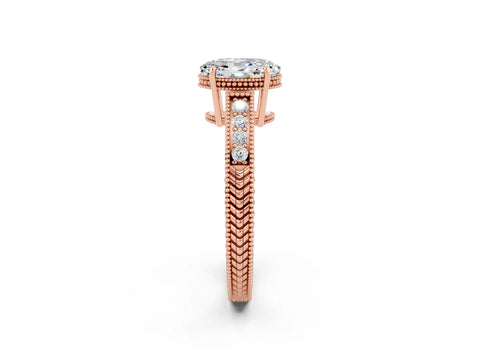 Rose gold Oval Cut Moissanite Ring with Milgrain Pavé Band and Four-Prong Setting_14