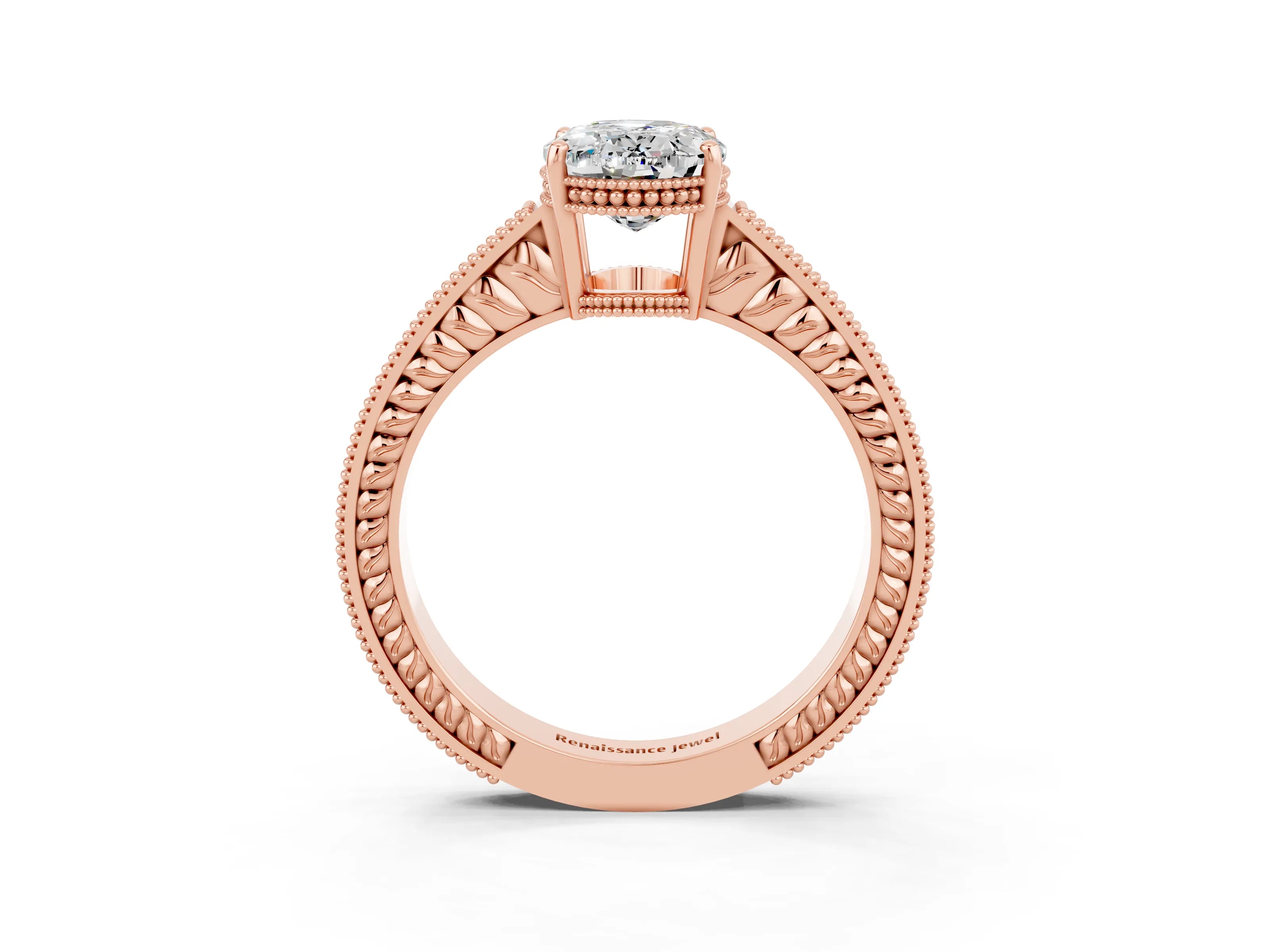 Rose gold Oval Cut Moissanite Ring with Milgrain Pavé Band and Four-Prong Setting_15