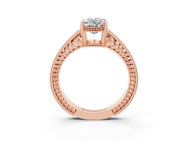 Rose gold Oval Cut Moissanite Ring with Milgrain Pavé Band and Four-Prong Setting