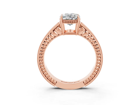 Rose gold Oval Cut Moissanite Ring with Milgrain Pavé Band and Four-Prong Setting_15