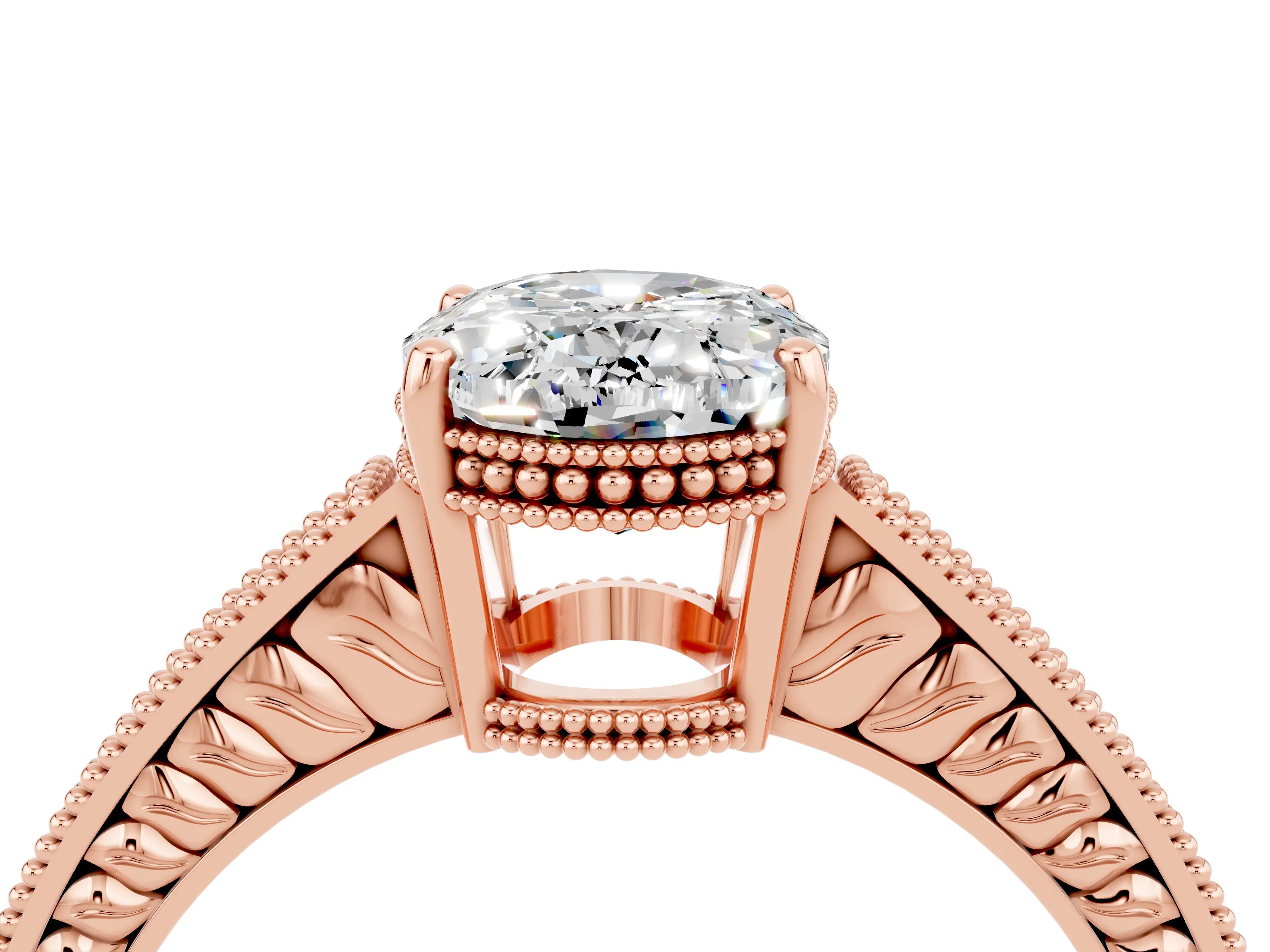 Rose gold Oval Cut Moissanite Ring with Milgrain Pavé Band and Four-Prong Setting_16