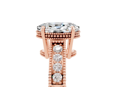 Rose gold Oval Cut Moissanite Ring with Milgrain Pavé Band and Four-Prong Setting_17