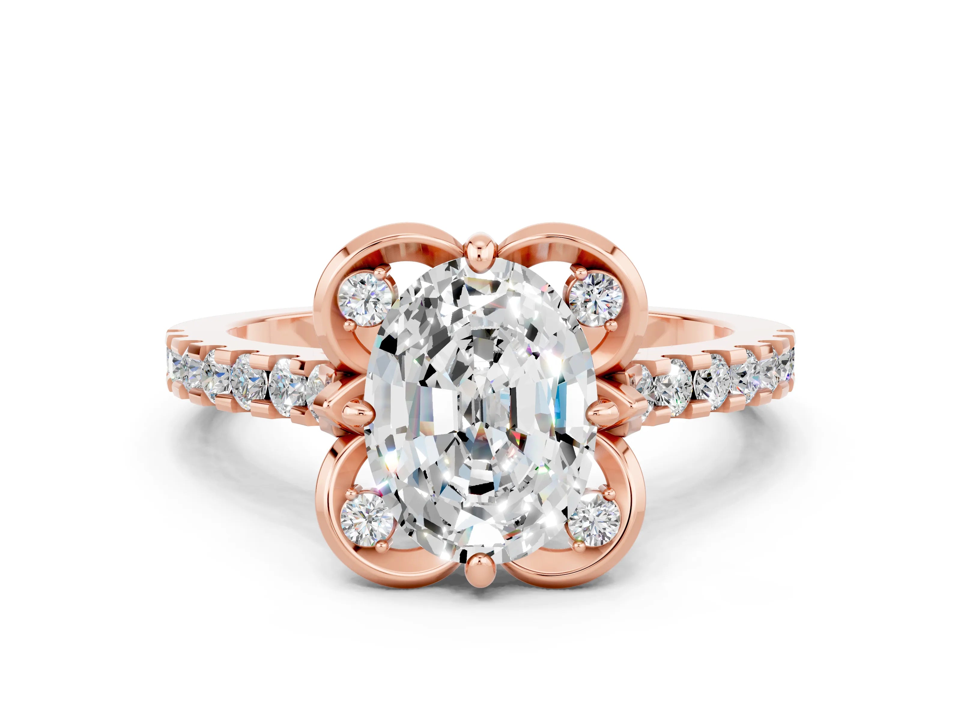 Rose gold Oval Cut Moissanite Ring with Pavé Band and Floral Prong Setting
