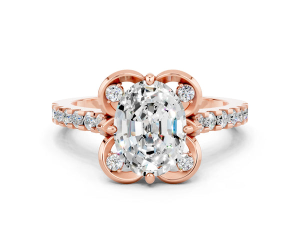 Rose gold Oval Cut Moissanite Ring with Pavé Band and Floral Prong Setting