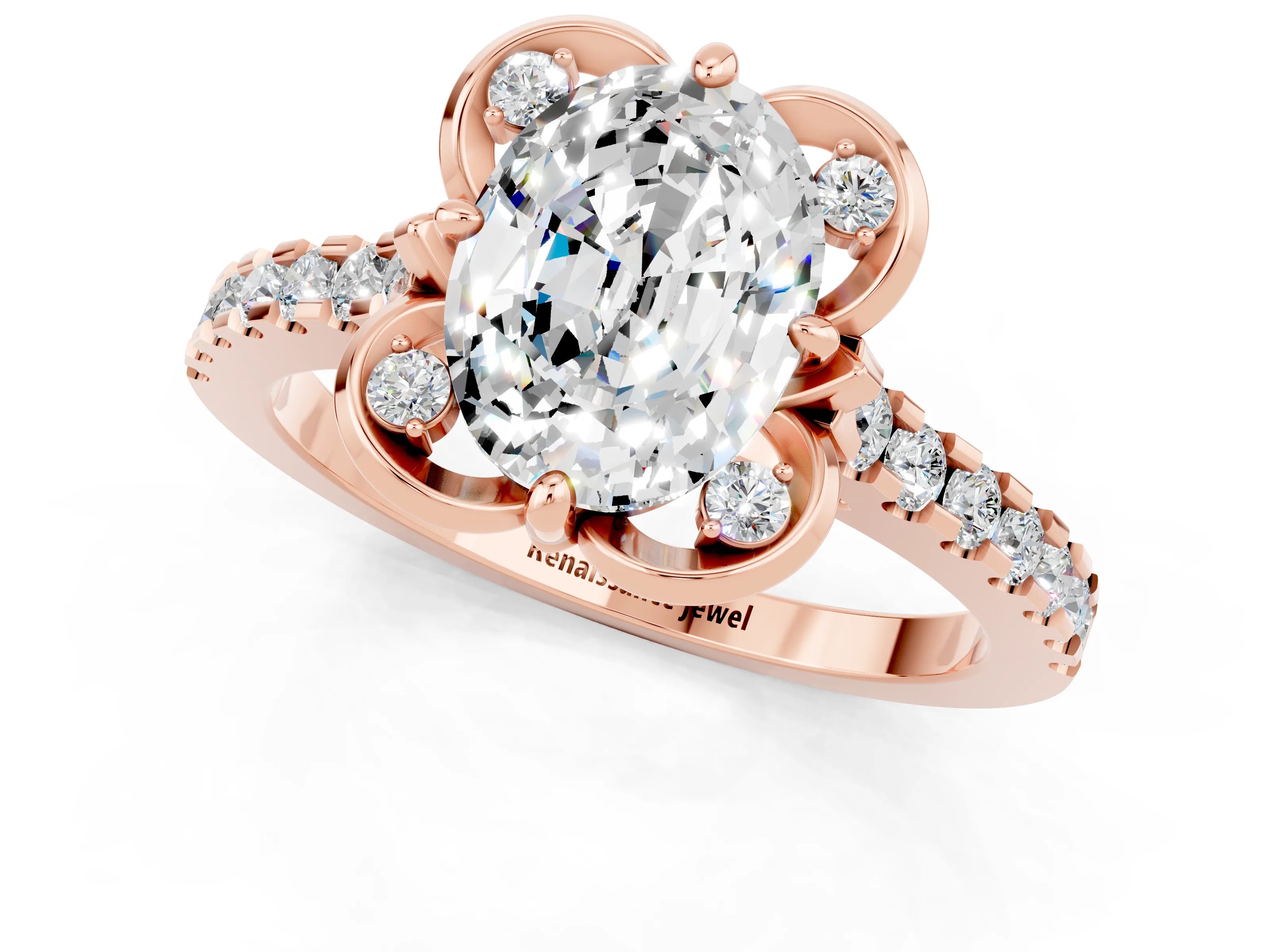 Rose gold Oval Cut Moissanite Ring with Pavé Band and Floral Prong Setting_1