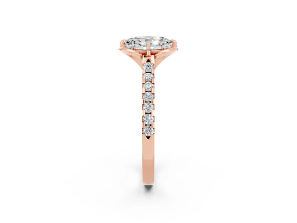 Rose gold Oval Cut Moissanite Ring with Pavé Band and Floral Prong Setting
