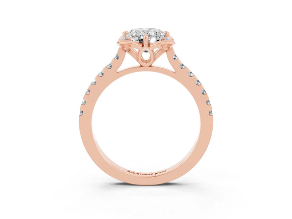 Rose gold Oval Cut Moissanite Ring with Pavé Band and Floral Prong Setting