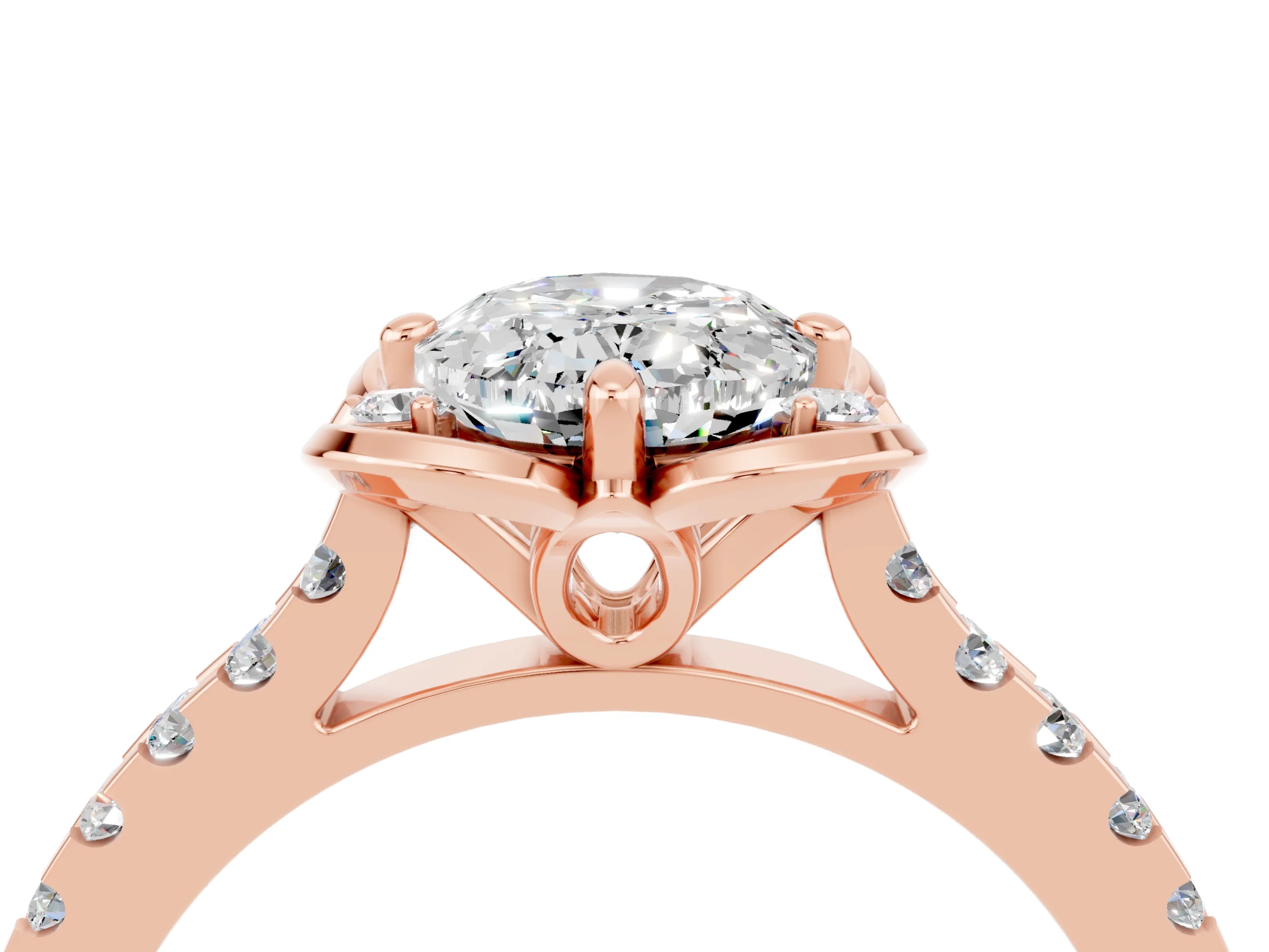 Rose gold Oval Cut Moissanite Ring with Pavé Band and Floral Prong Setting_4