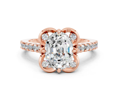 Rose gold Oval Cut Moissanite Ring with Pavé Band and Floral Prong Setting