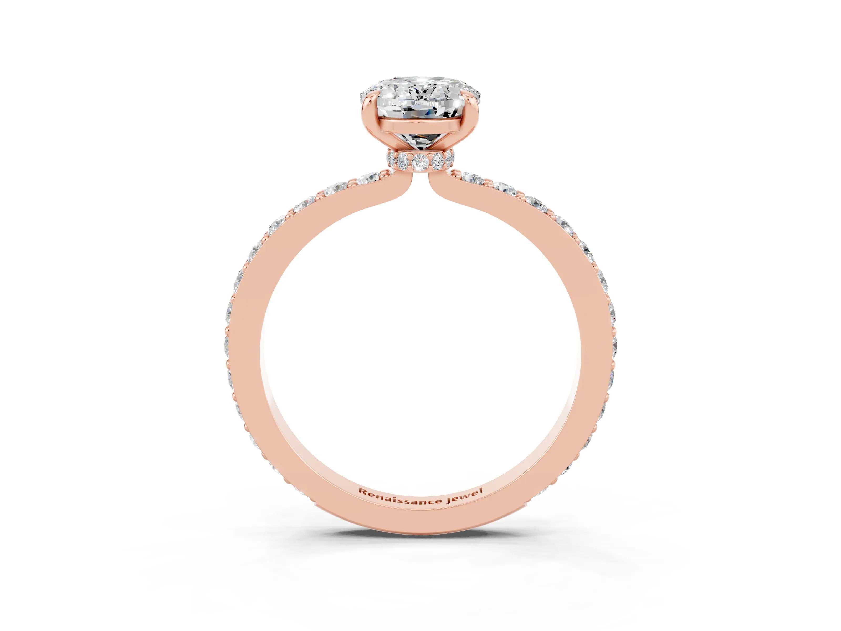 Rose gold Oval Cut Moissanite Ring with Pavé Band and Four-Prong Setting_3