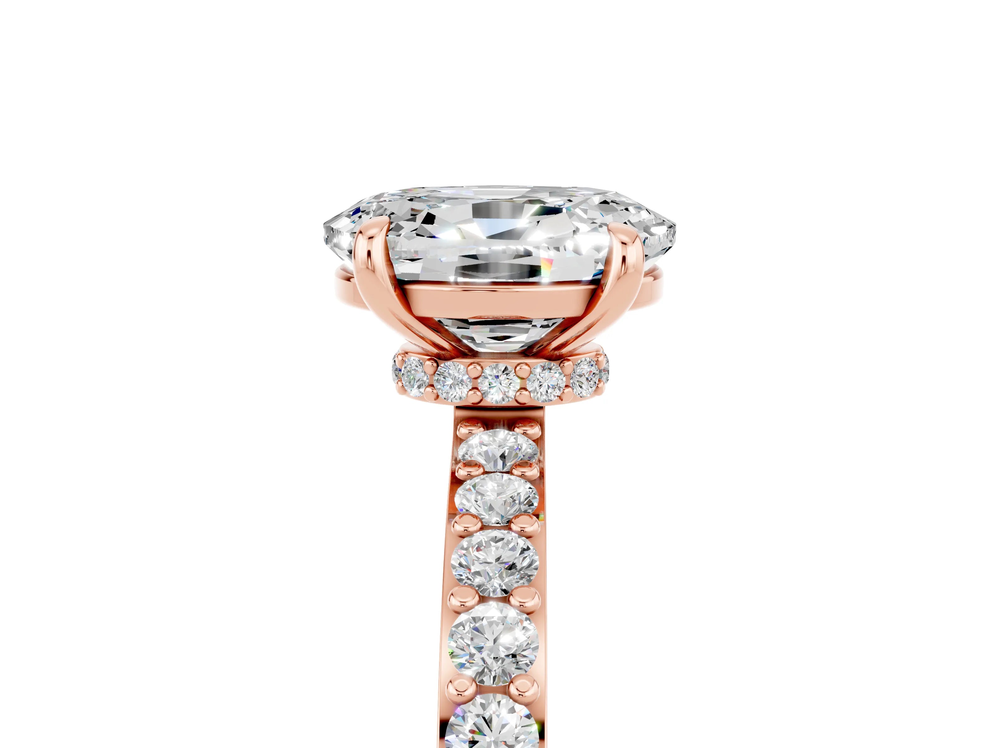 Rose gold Oval Cut Moissanite Ring with Pavé Band and Four-Prong Setting_5