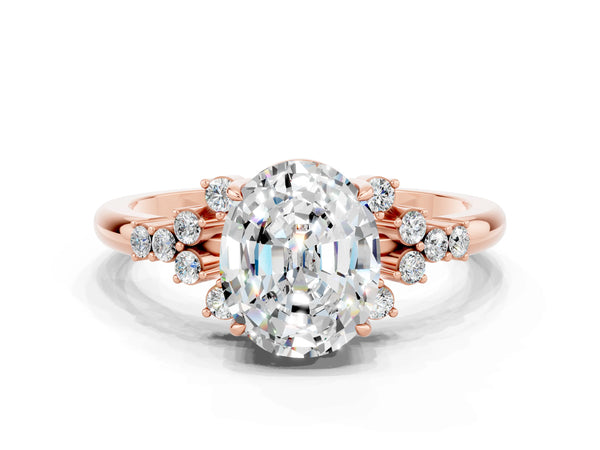 Rose gold Oval Cut Moissanite Ring with Side Stones and Four-Prong Setting