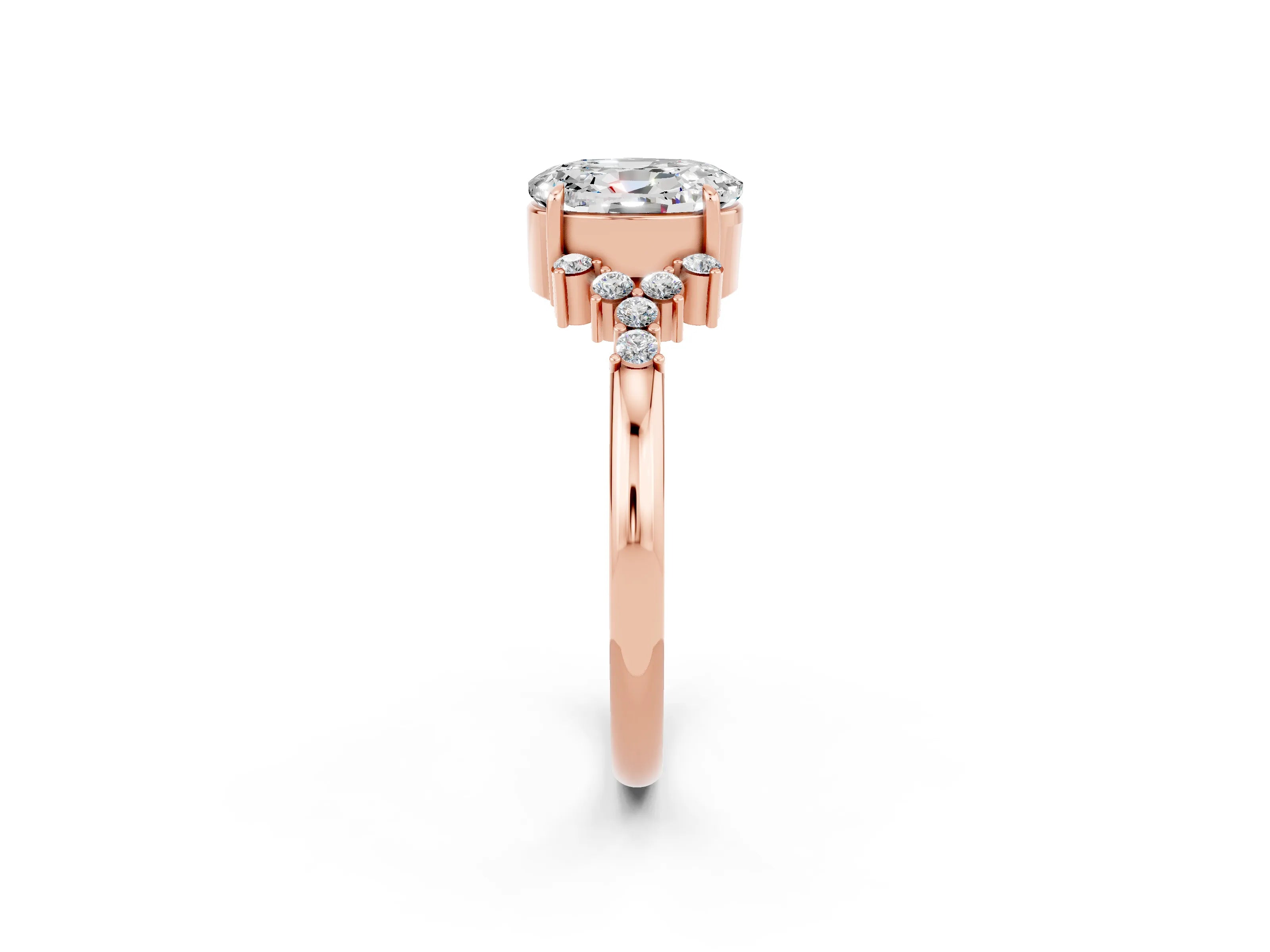 Rose gold Oval Cut Moissanite Ring with Side Stones and Four-Prong Setting_74