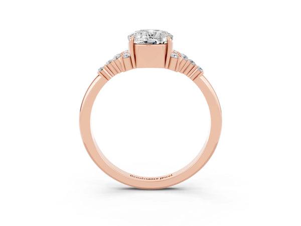 Rose gold Oval Cut Moissanite Ring with Side Stones and Four-Prong Setting