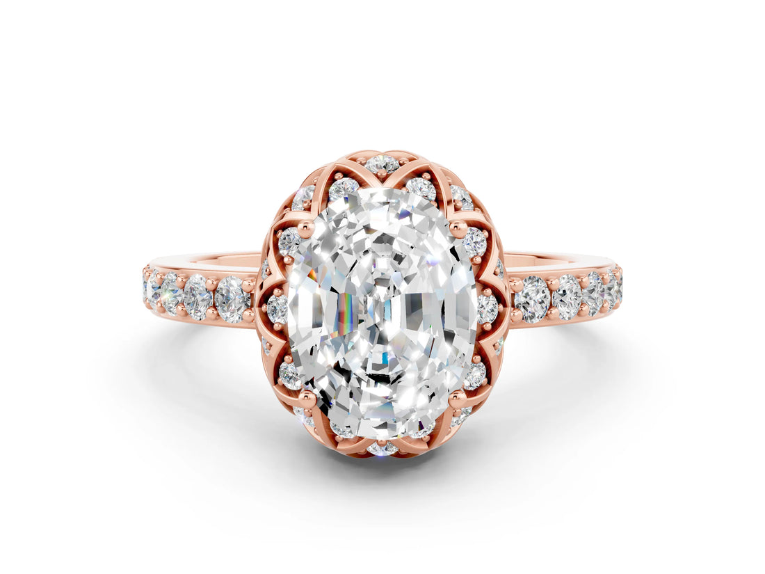 Rose gold Oval Cut Moissanite Scalloped Halo Engagement Ring with Round Shared Prong Band_12
