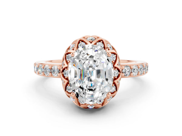 Rose gold Oval Cut Moissanite Scalloped Halo Engagement Ring with Round Shared Prong Band