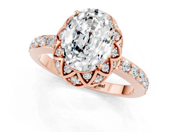 Rose gold Oval Cut Moissanite Scalloped Halo Engagement Ring with Round Shared Prong Band