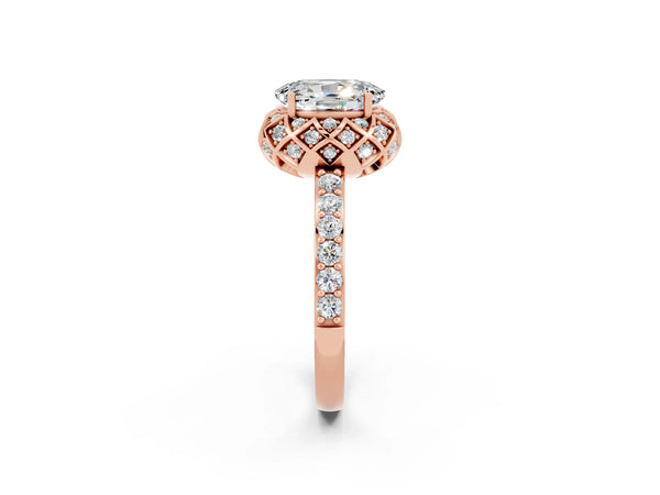 Rose gold Oval Cut Moissanite Scalloped Halo Engagement Ring with Round Shared Prong Band
